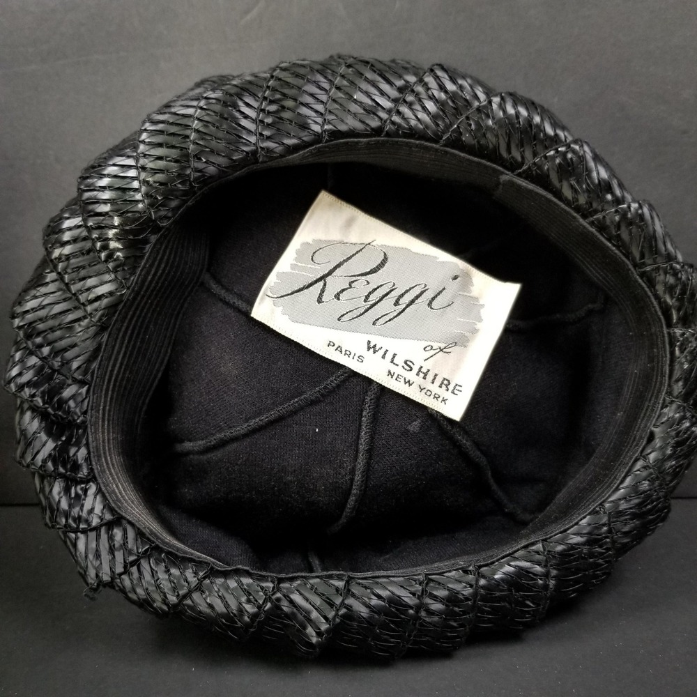 Reggi of Wilshire Vintage Black Woven Pleated Pillbox Hat Paris New York Pinup - Picture 5 of 9